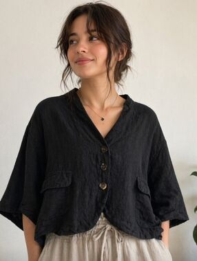 H + Hannoh Wessel  Vilja Black Cropped Button-Front Linen Jacket In Notte